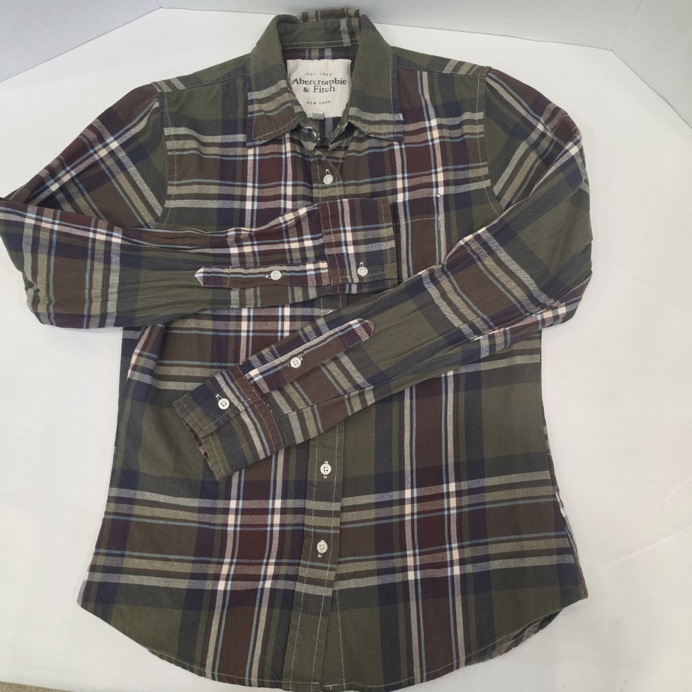 Abercrombie & Fitch Button Down Women M Green Plaid Cotton Print Matched Pocket